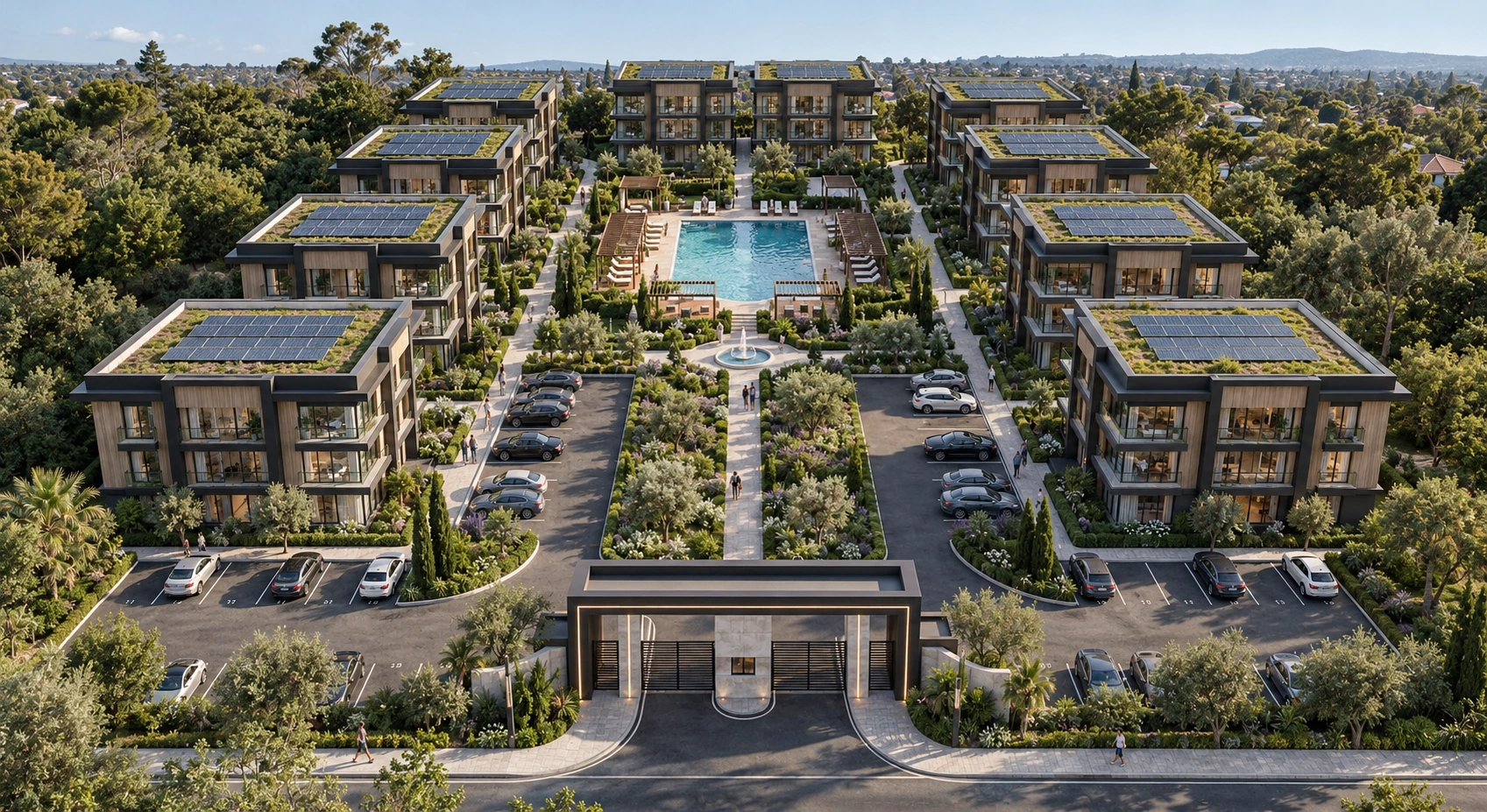 Development partnership concept with residential buildings, landscaped shared spaces and pool