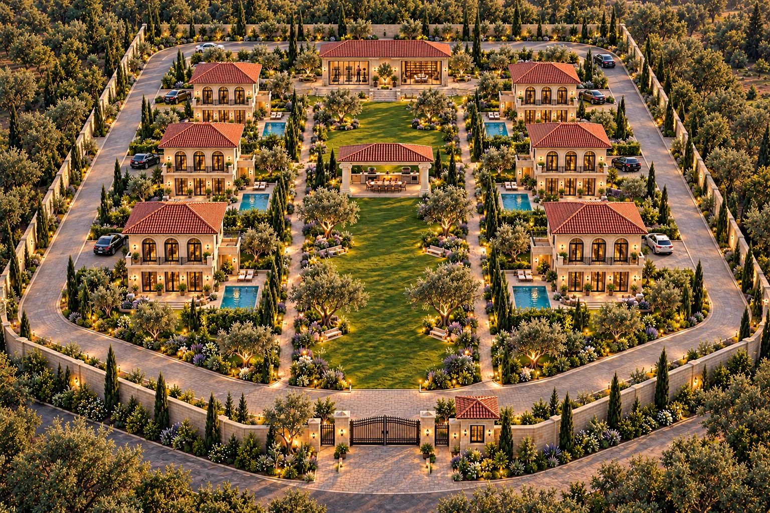 Six-villa gated community concept with a central garden, Greek-column BBQ gazebo, shared gym and library, perimeter driveway and villa parking