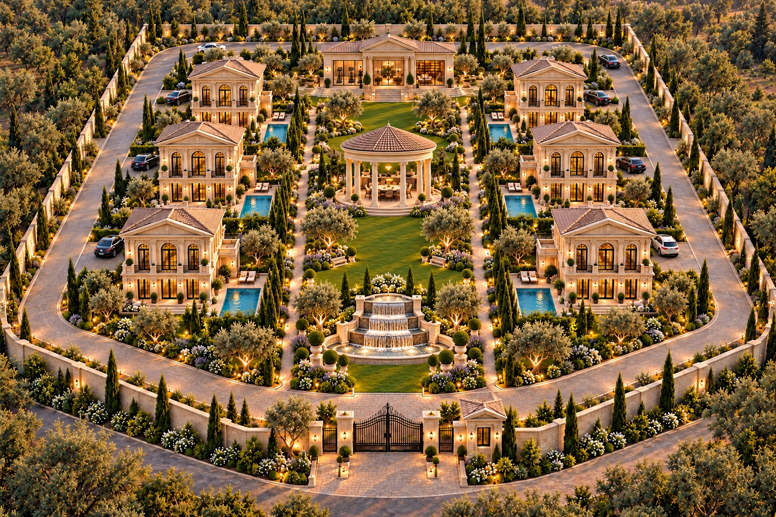 Roman-style six-villa community concept with a round classical-column gazebo and separate garden waterfall